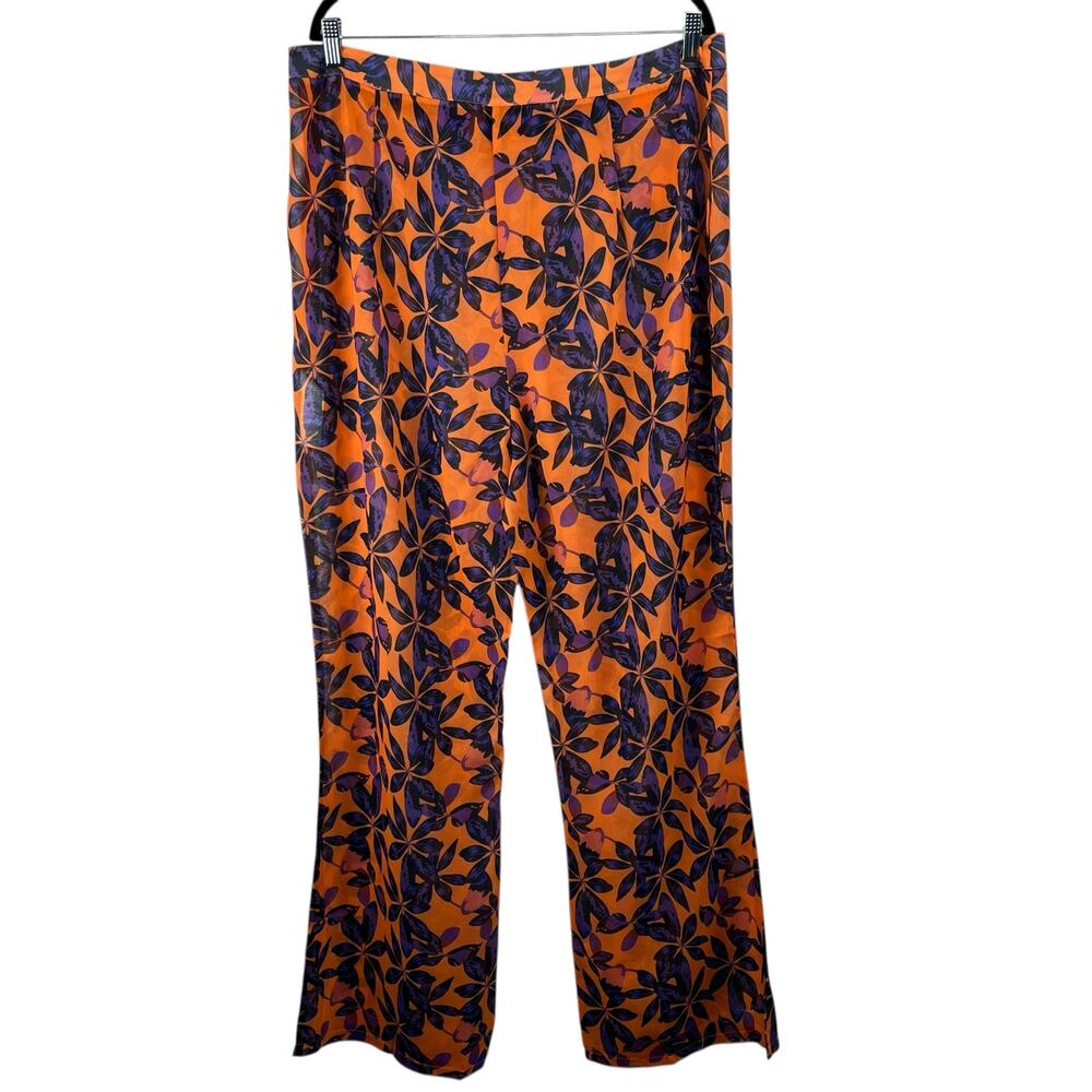 PrettyLittleThing Orange Tropical High Rise Sheer Flare Beach Pants 14  NWT - Picture 3 of 12
